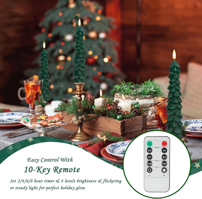 AFINETH Christmas Tree Candles with Remote, 4 Pack Green Flameless Taper Candles Battery Operated, Real Wax 9.6 Inch Flickering Led Christmas Tree Candlesticks Decorations for Winter Home Holiday Xmas Gift - Image 4